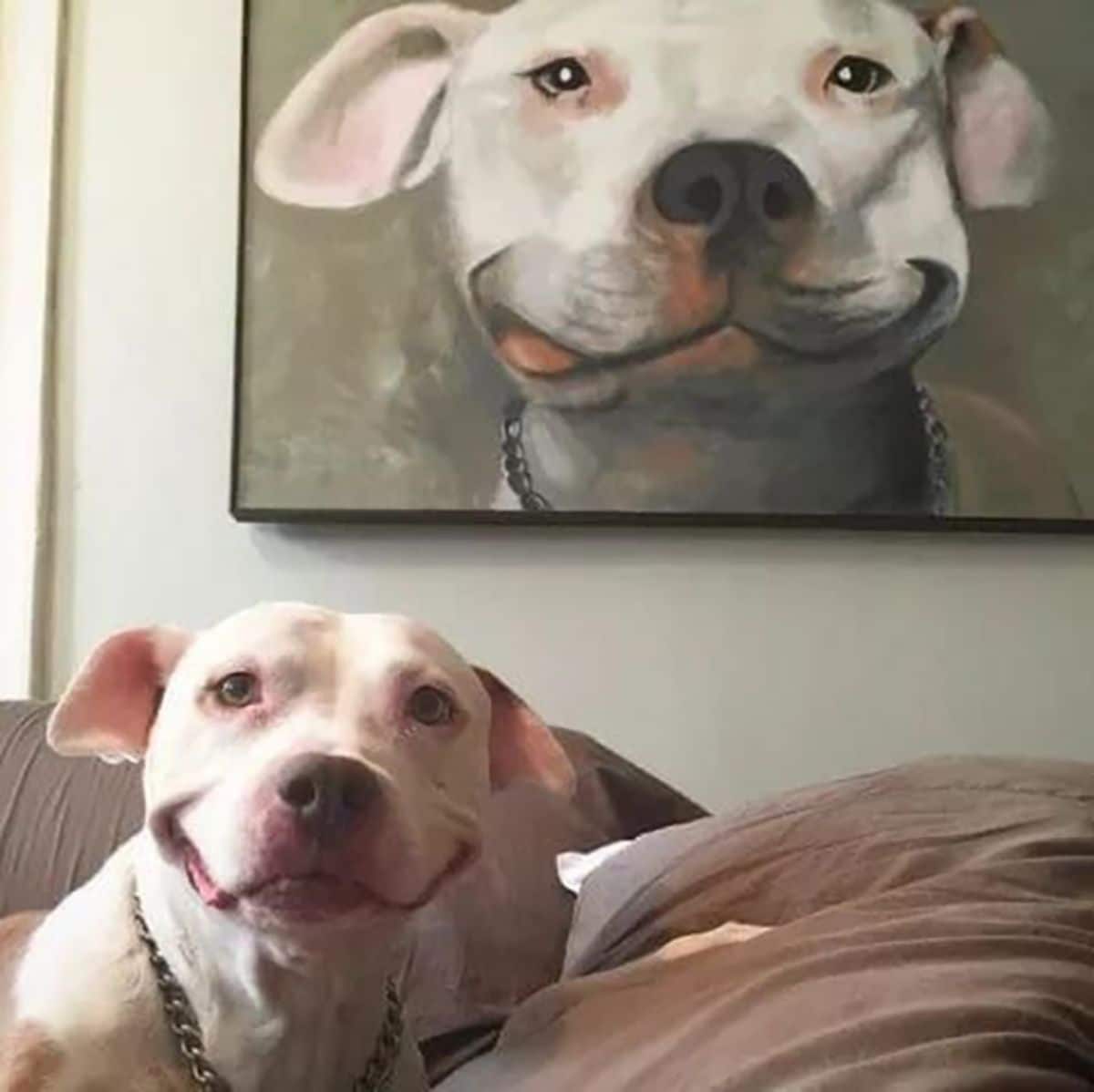 white pitbull smiling under a painting of her doing the same