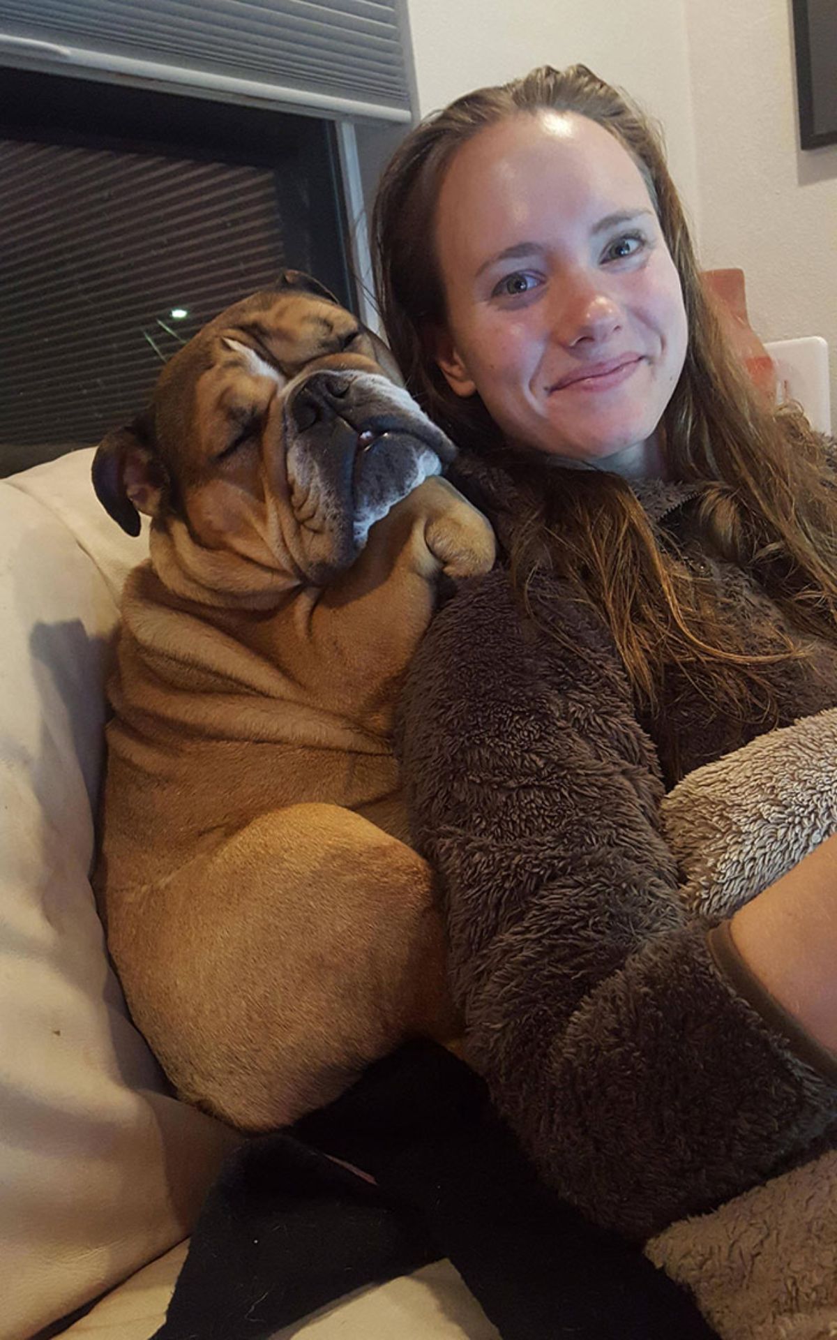 brown and white bulldog sleeping against the back of a woman and squished between her and a white sofa