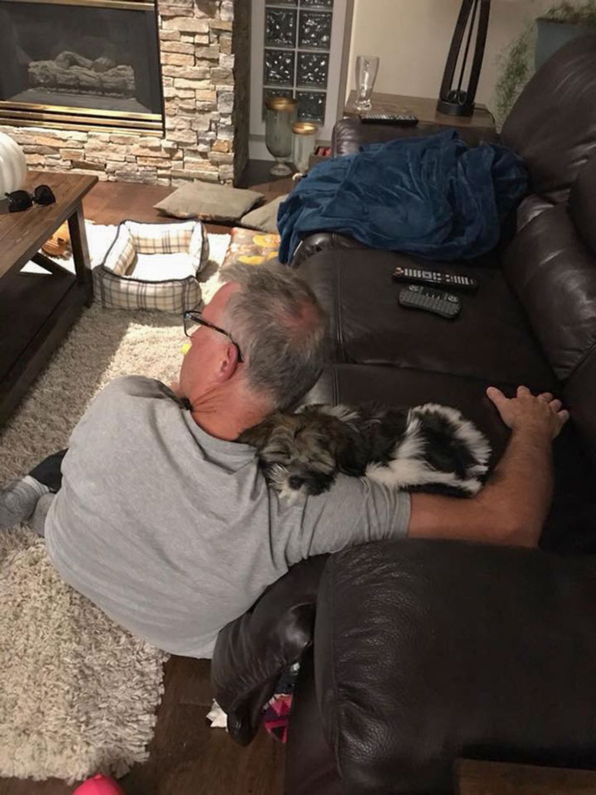 small black and white dog sleeping on a black sofa and being cuddled by an old man sitting on the floor