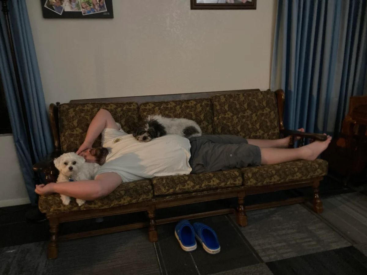 small fluffy white dog laying by a man laying down on a bronw sofa with a fluffy black and white dog laying on the man